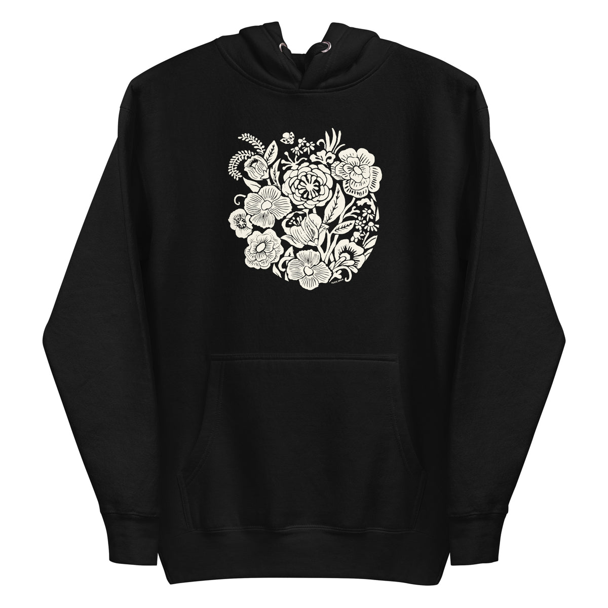 Meadowsweet woodblock-style bouquet of wildflowers on a pullover hoodie in black, front view – Kate Spain design
