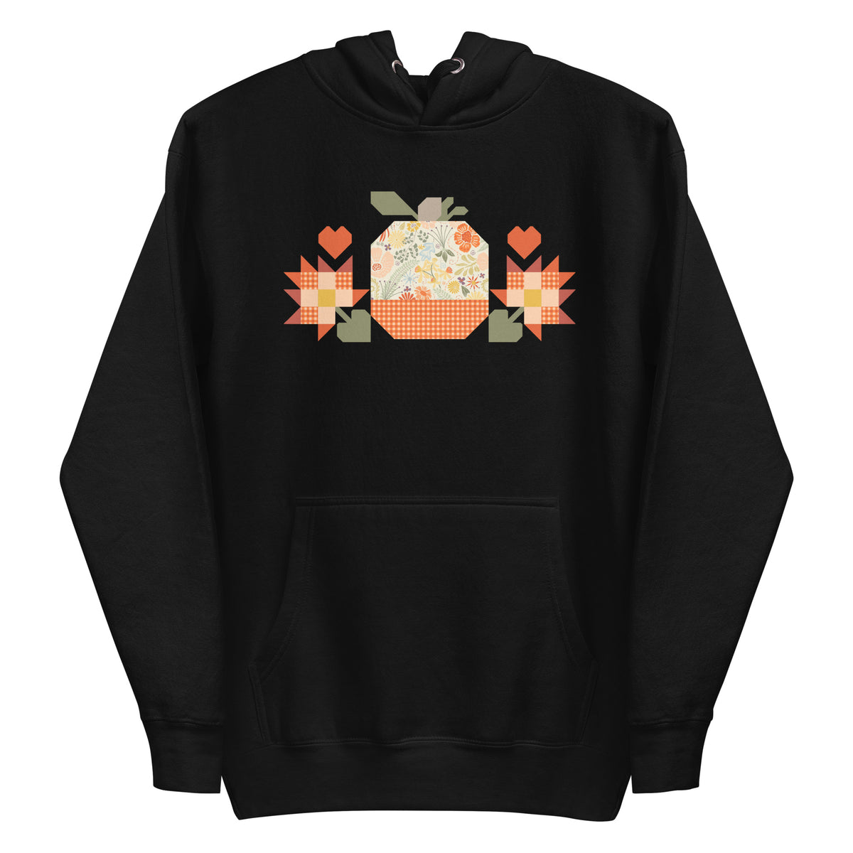 Falling for Fall patchwork pumpkin with quilt-block stars and hearts on a pullover hoodie in black, front view – Kate Spain design for Pat Sloan