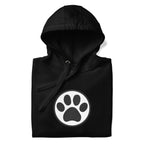 Law of the Paw® cat paw print on a pullover hoodie in black, folded close-up of the design – Kate Spain design