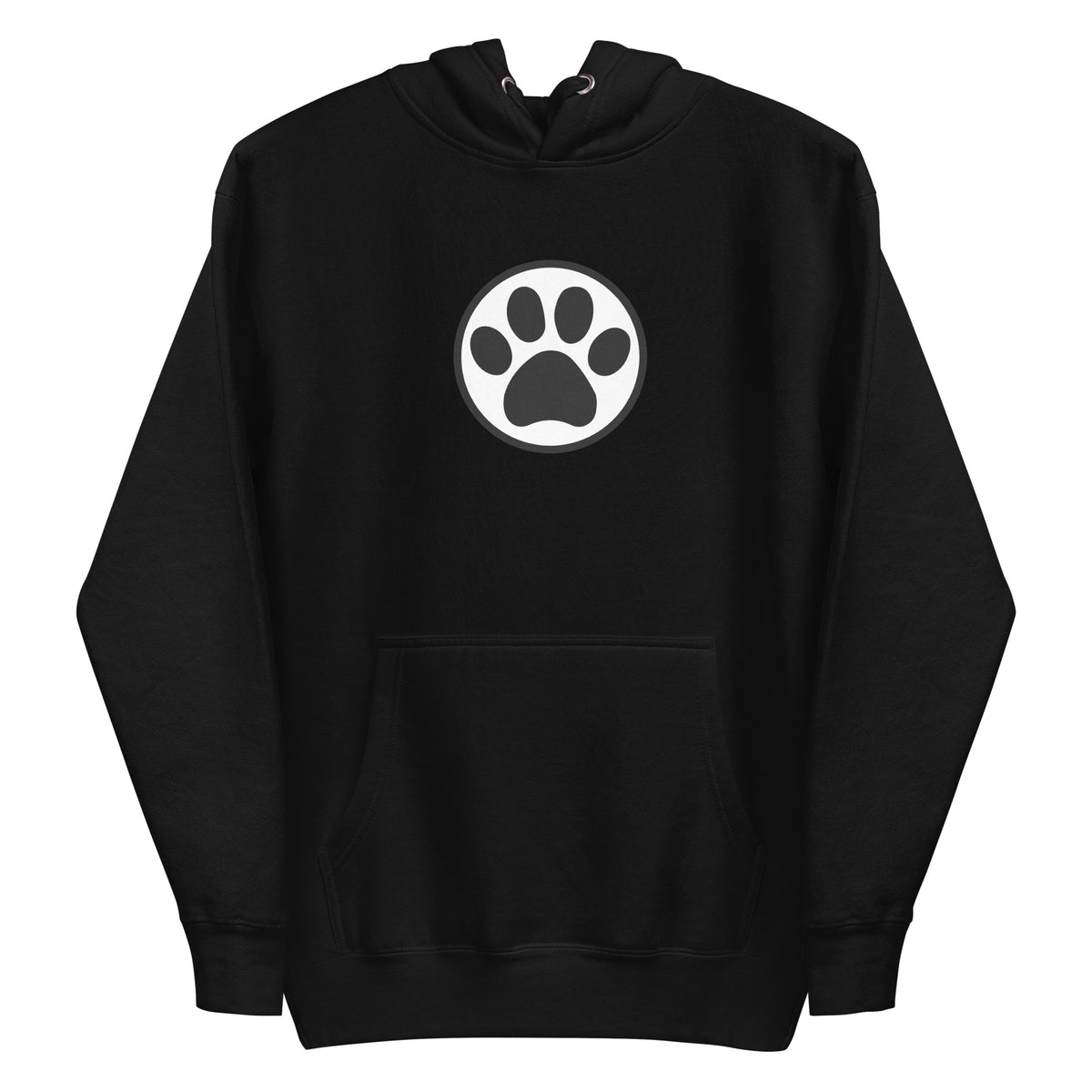 Law of the Paw® cat paw print on a pullover hoodie in black, front view – Kate Spain design