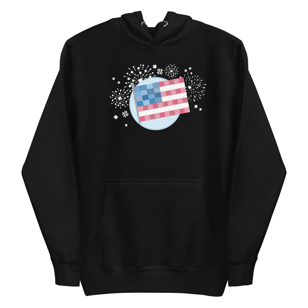 patchwork American flag in quilt fabrics on a pullover hoodie in black, front view – Kate Spain design for Pat Sloan