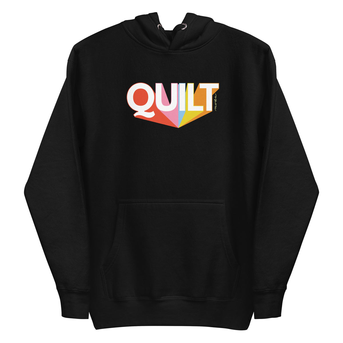 Moda QUILT logo with orange, pink, blue and yellow rays on a premium hoodie in black, front view – Kate Spain design