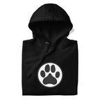 Law of the Paw® dog paw print on a pullover hoodie in black, folded close-up of the design – Kate Spain design