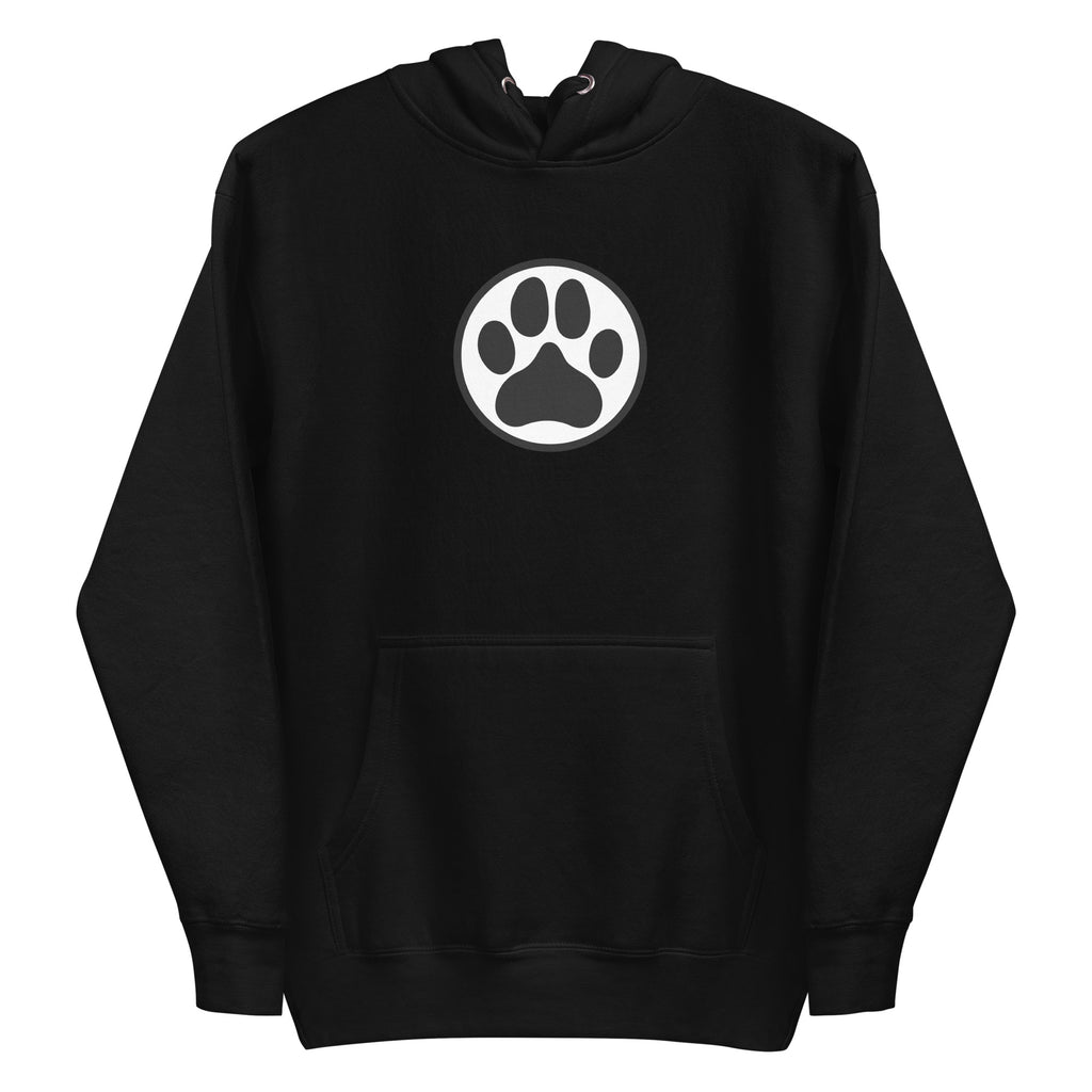 Law of the Paw® dog paw print on a pullover hoodie in black, front view – Kate Spain design