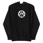 Law of the Paw® dog paw print on a pullover hoodie in black, front view – Kate Spain design