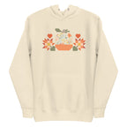 Falling for Fall patchwork pumpkin with quilt-block stars and hearts on a pullover hoodie in vintage white, front view – Kate Spain design for Pat Sloan