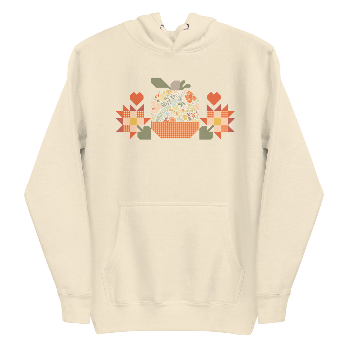 Falling for Fall patchwork pumpkin with quilt-block stars and hearts on a pullover hoodie in vintage white, front view – Kate Spain design for Pat Sloan