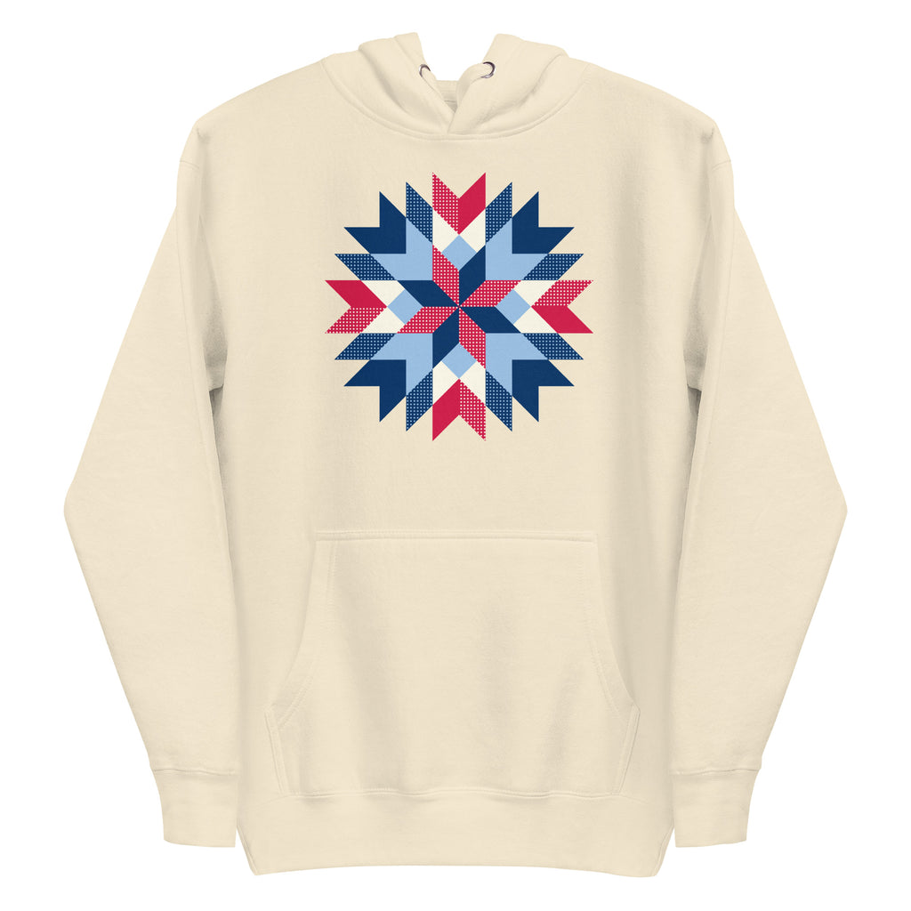 Barn Star quilt block in red, white and blue on a pullover hoodie in vintage white, front view – Kate Spain design for Pat Sloan