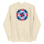 Barn Star quilt block in red, white and blue on a pullover hoodie in vintage white, front view – Kate Spain design for Pat Sloan