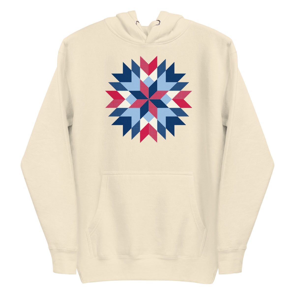Barn Star quilt block in red, white and blue on a pullover hoodie in vintage white, front view – Kate Spain design for Pat Sloan