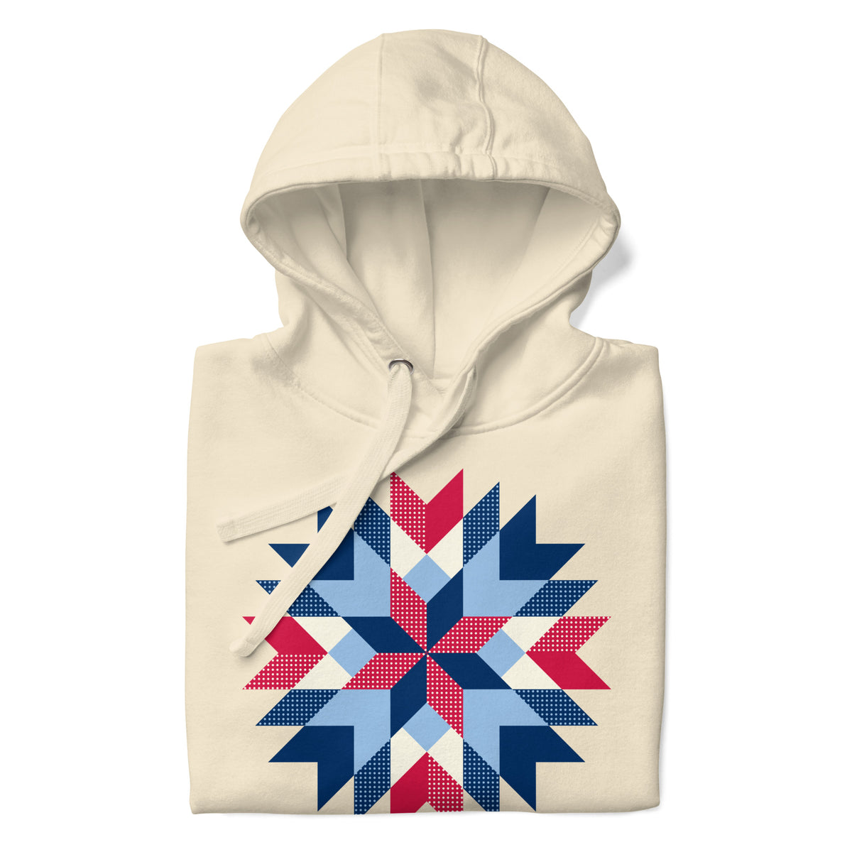 Barn Star quilt block in red, white and blue on a pullover hoodie in vintage white, folded close-up of the design – Kate Spain design for Pat Sloan