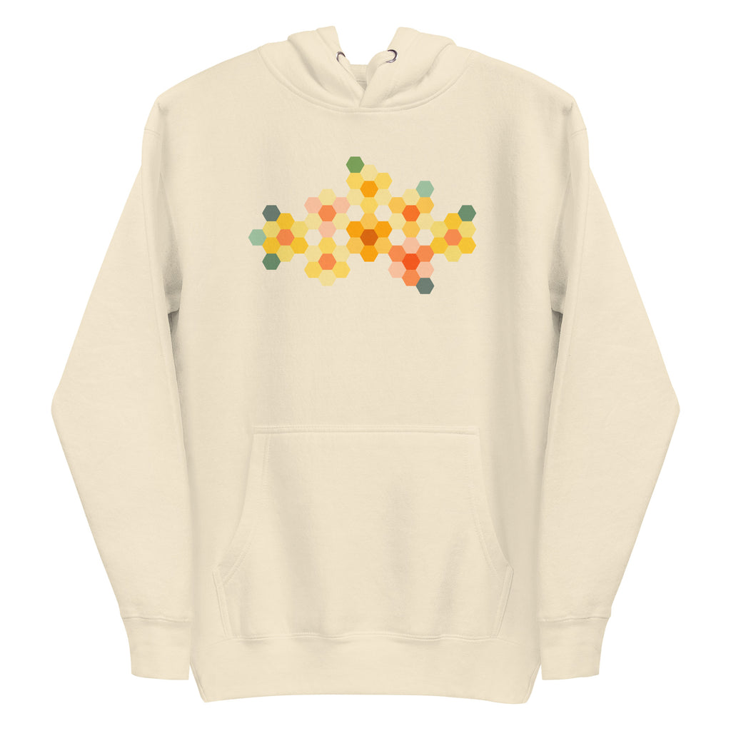Yellow GeoFlora hexagon flowers in golden yellow, orange, coral and sage on a pullover hoodie in vintage white, front view – Kate Spain design for Pat Sloan