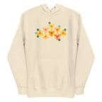 Yellow GeoFlora hexagon flowers in golden yellow, orange, coral and sage on a pullover hoodie in vintage white, front view – Kate Spain design for Pat Sloan