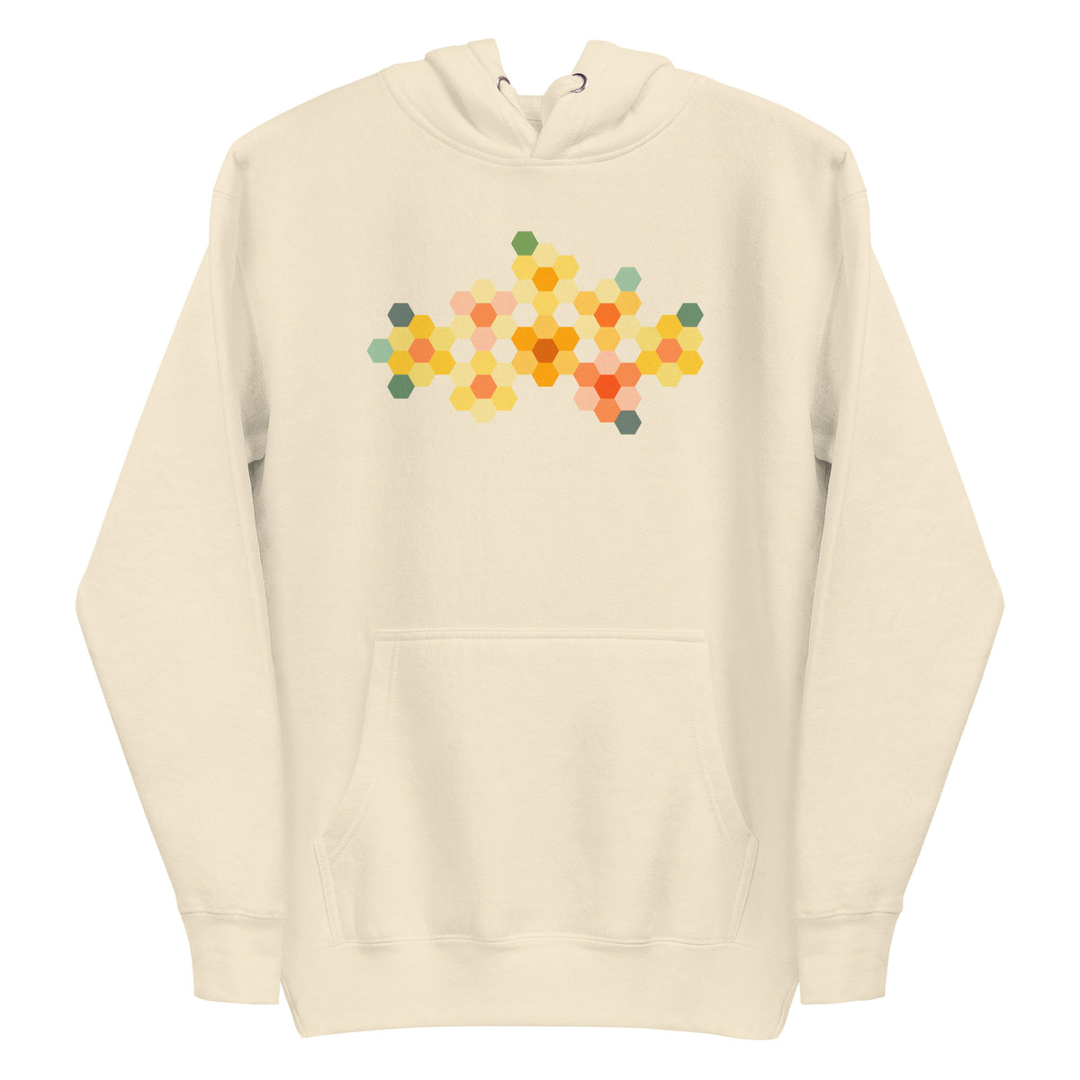 Yellow GeoFlora hexagon flowers in golden yellow, orange, coral and sage on a pullover hoodie in vintage white, front view – Kate Spain design for Pat Sloan