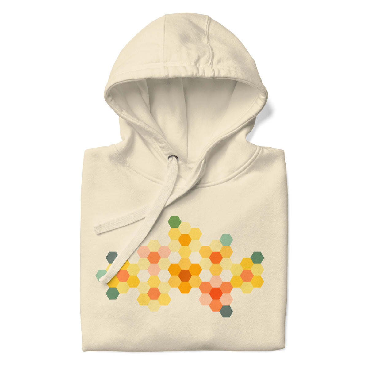 Yellow GeoFlora hexagon flowers in golden yellow, orange, coral and sage on a pullover hoodie in vintage white, folded close-up of the design – Kate Spain design for Pat Sloan
