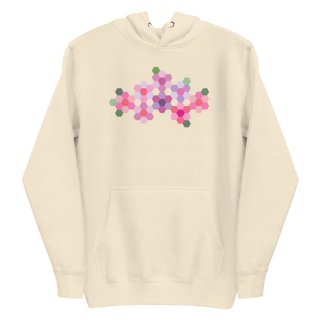 Pink GeoFlora hexagon flowers in pinks, mauves and sage on a pullover hoodie in vintage white, front view – Kate Spain design for Pat Sloan