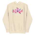 Pink GeoFlora hexagon flowers in pinks, mauves and sage on a pullover hoodie in vintage white, front view – Kate Spain design for Pat Sloan