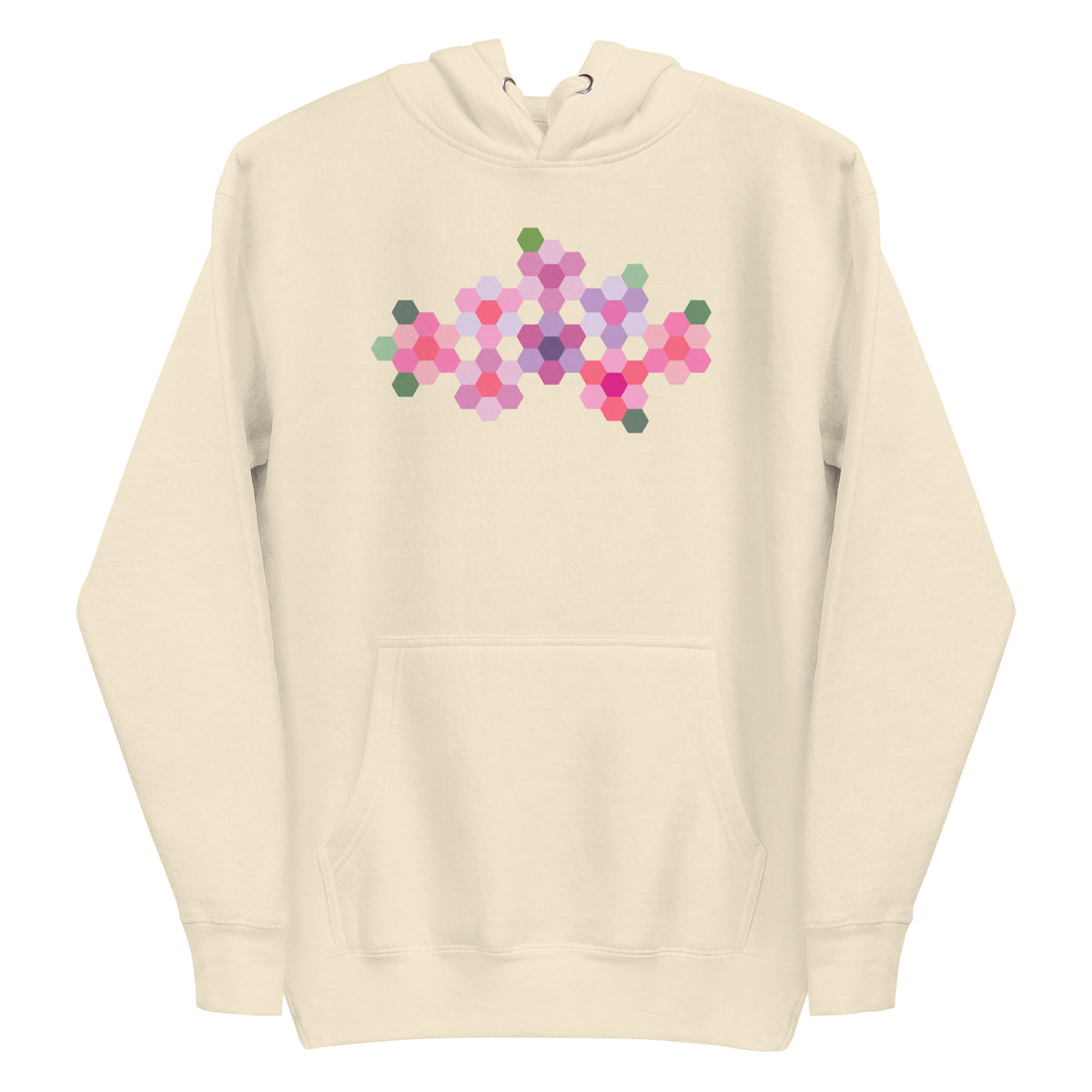 Pink GeoFlora hexagon flowers in pinks, mauves and sage on a pullover hoodie in vintage white, front view – Kate Spain design for Pat Sloan