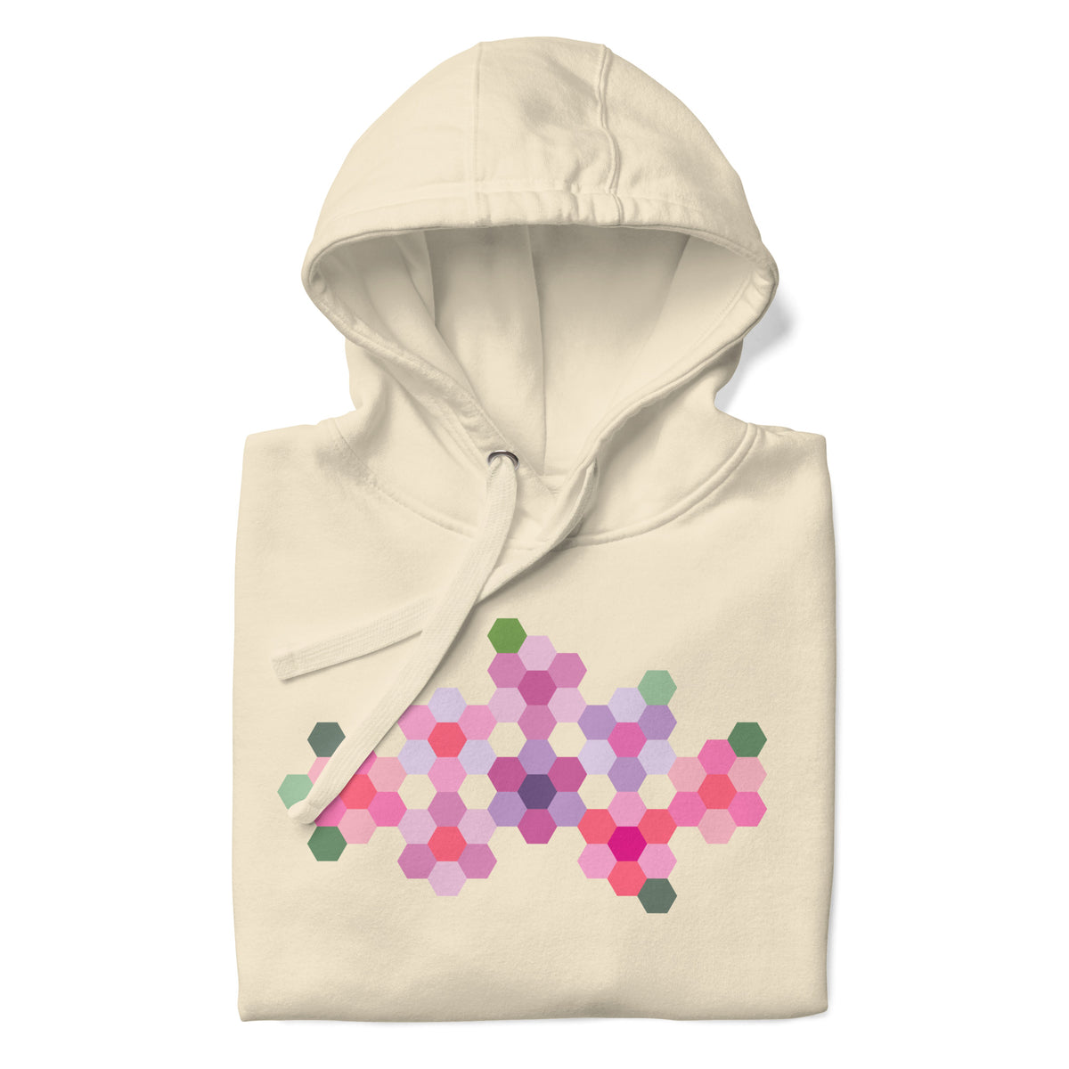 Pink GeoFlora hexagon flowers in pinks, mauves and sage on a pullover hoodie in vintage white, folded close-up of the design – Kate Spain design for Pat Sloan