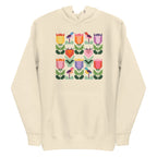 Birds + Blooms patchwork tulips and birds on a pullover hoodie in vintage white, front view – Kate Spain design for Pat Sloan