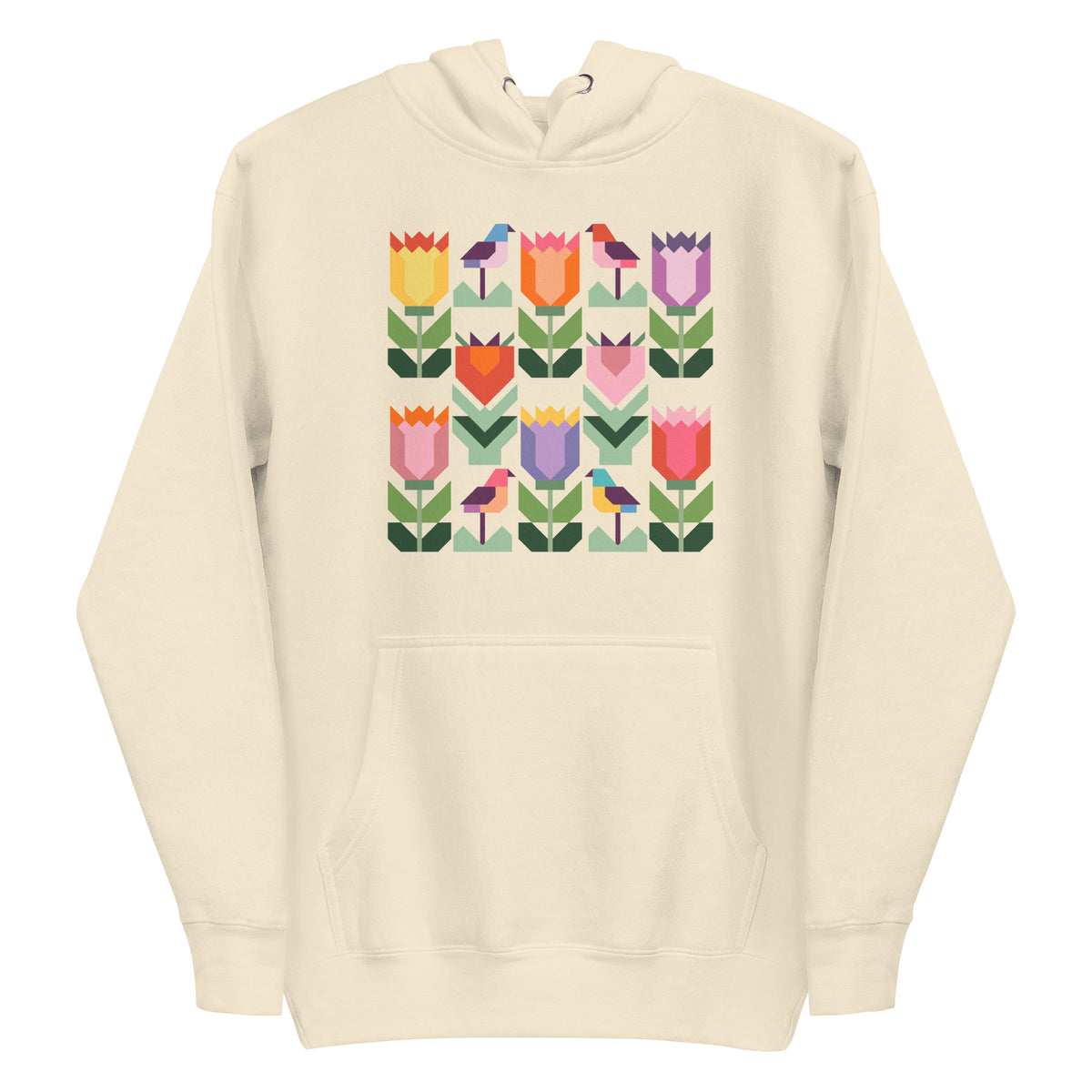 Birds + Blooms patchwork tulips and birds on a pullover hoodie in vintage white, front view – Kate Spain design for Pat Sloan