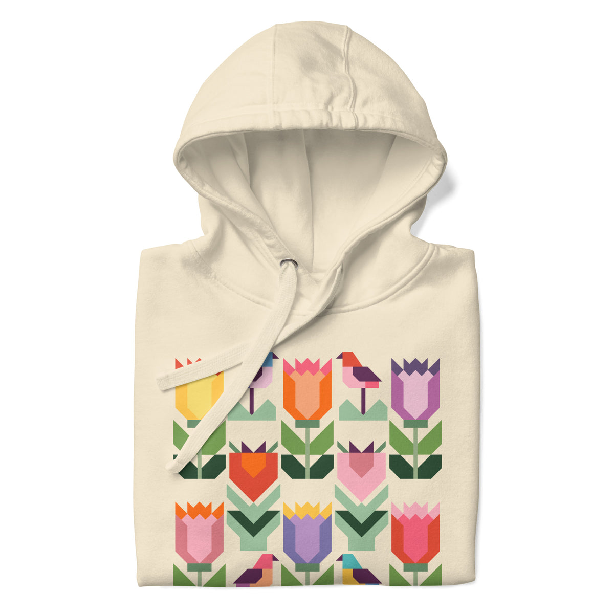 Birds + Blooms patchwork tulips and birds on a pullover hoodie in vintage white, folded close-up of the design – Kate Spain design for Pat Sloan