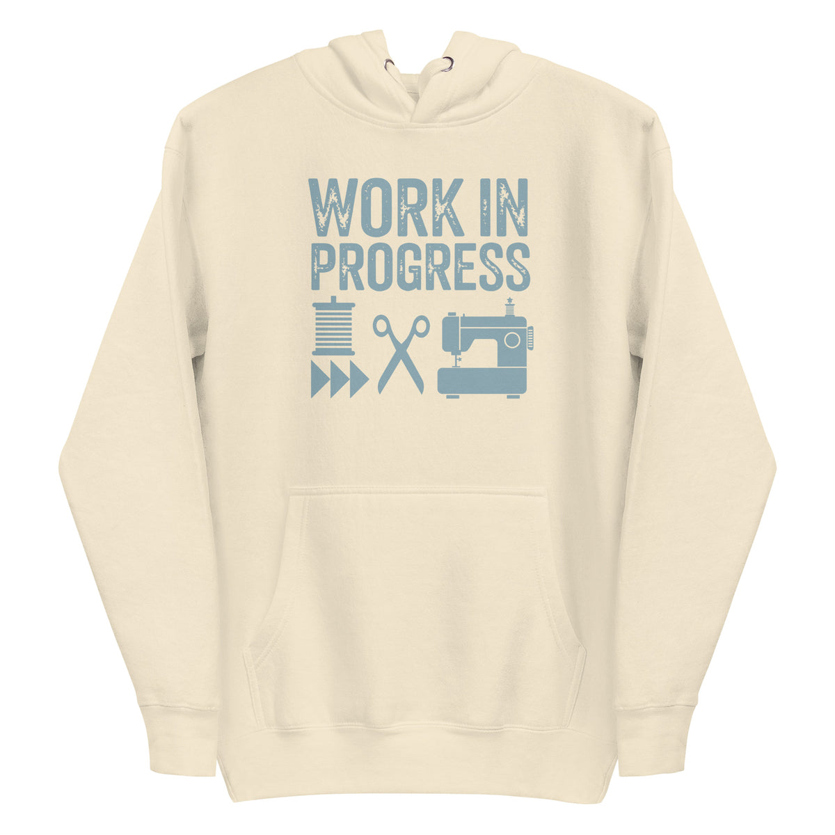 Work in Progress Mod distressed lettering with thread, scissors and sewing machine on a pullover hoodie in vintage white, front view – Kate Spain design for Pat Sloan