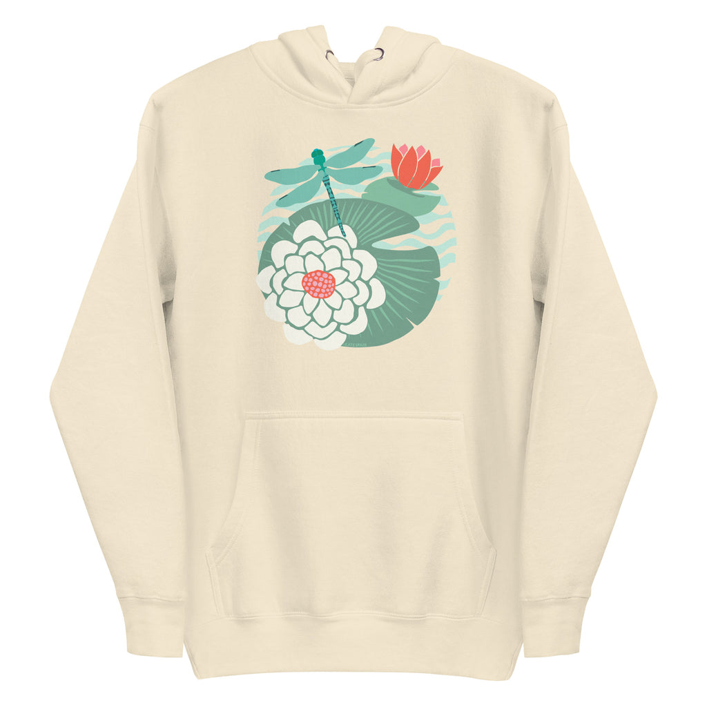 Dragonfly over water lilies and lily pads on a pullover hoodie in vintage white, front view – Kate Spain design