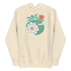 Dragonfly over water lilies and lily pads on a pullover hoodie in vintage white, front view – Kate Spain design