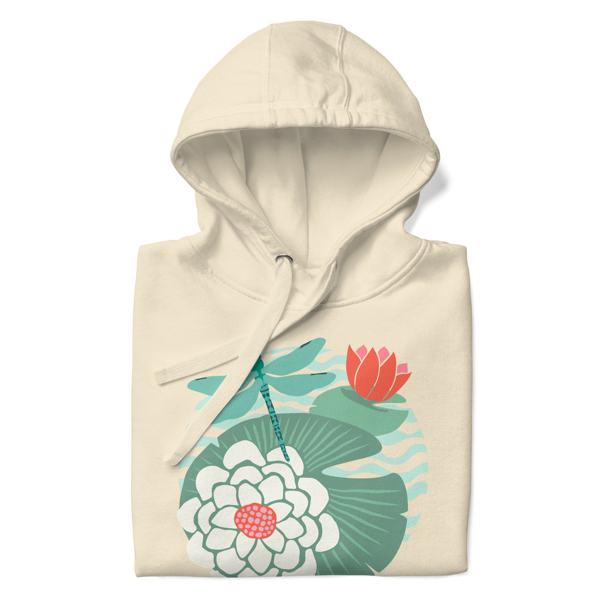 Dragonfly over water lilies and lily pads on a pullover hoodie in vintage white, folded close-up of the design – Kate Spain design