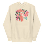 Hummingbird among coral tropical flowers on a pullover hoodie in vintage white, front view – Kate Spain design