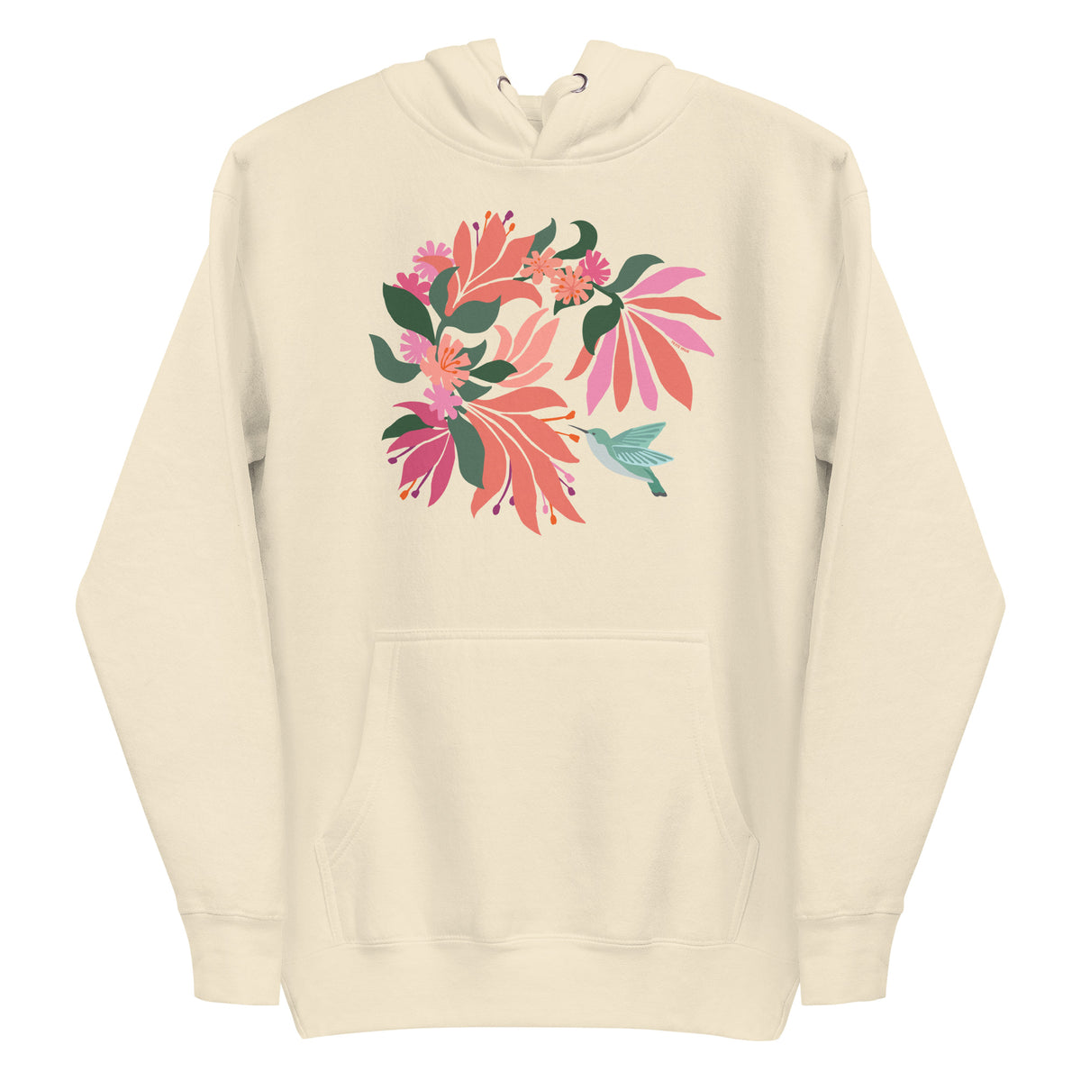 Hummingbird among coral tropical flowers on a pullover hoodie in vintage white, front view – Kate Spain design