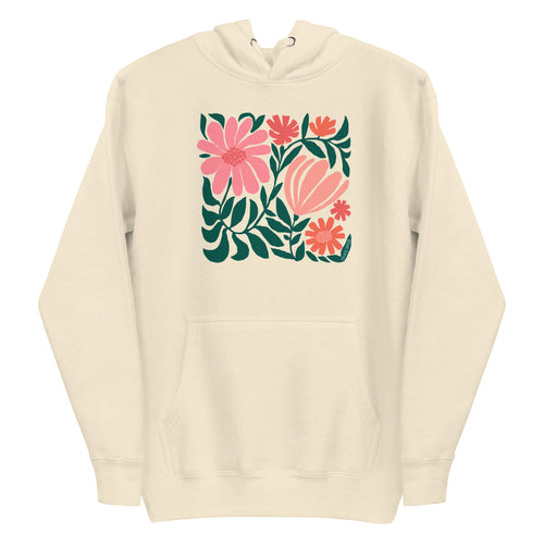 Botanica modern floral design with pink and coral blooms on a pullover hoodie in vintage white, front view – Kate Spain design