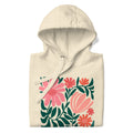 Botanica modern floral design with pink and coral blooms on a pullover hoodie in vintage white, folded close-up of the design – Kate Spain design