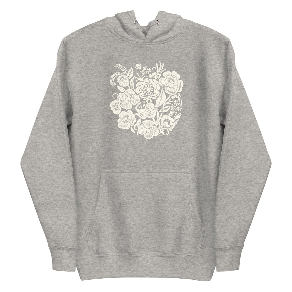 Meadowsweet woodblock-style bouquet of wildflowers on a pullover hoodie in athletic grey, front view – Kate Spain design