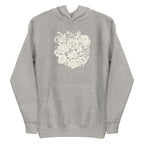 Meadowsweet woodblock-style bouquet of wildflowers on a pullover hoodie in athletic grey, front view – Kate Spain design