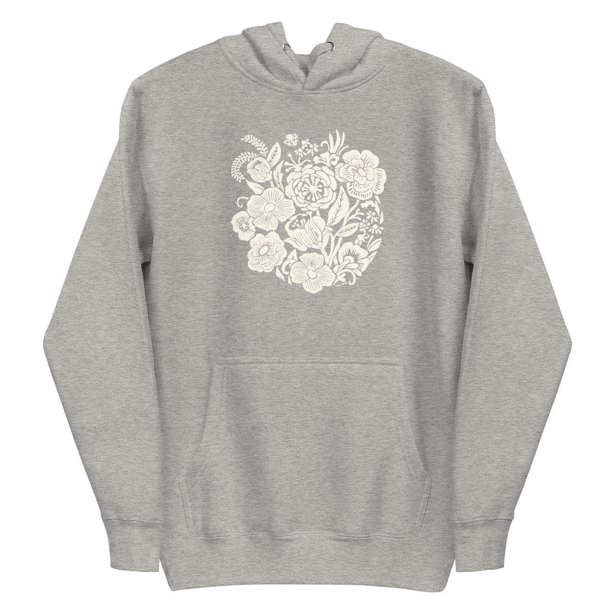 Meadowsweet woodblock-style bouquet of wildflowers on a pullover hoodie in athletic grey, front view – Kate Spain design