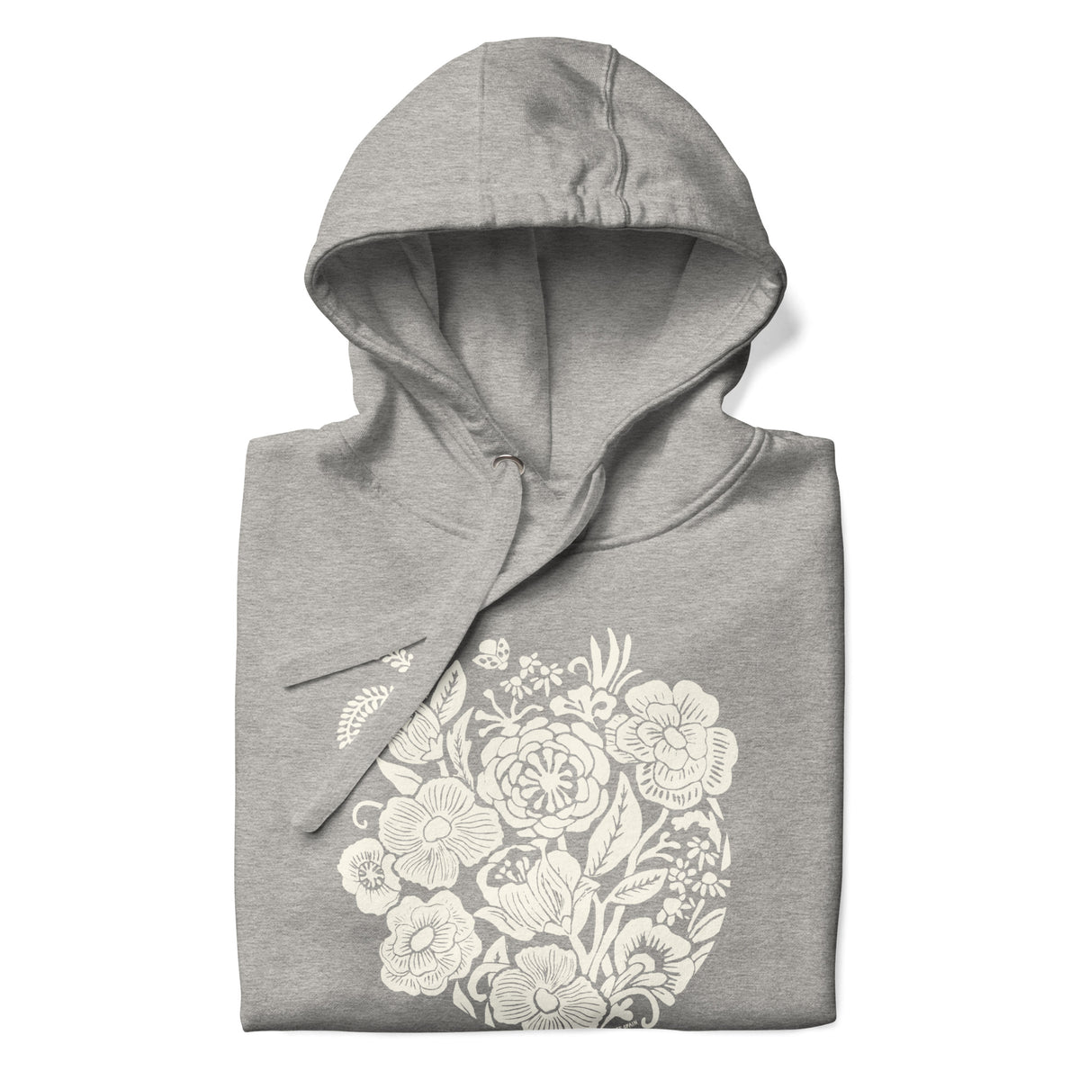 Meadowsweet woodblock-style bouquet of wildflowers on a pullover hoodie in athletic grey, folded close-up of the design – Kate Spain design