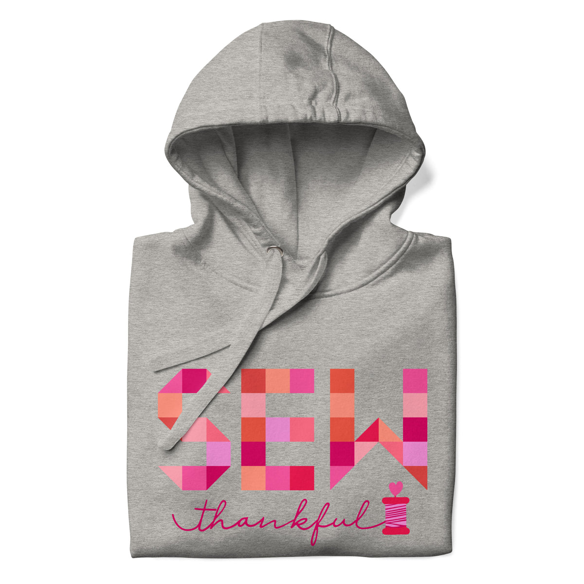 Sew Thankful patchwork lettering with a heart-topped thread spool on a pullover hoodie in athletic grey, folded close-up of the design – Kate Spain design for Pat Sloan