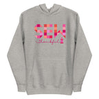 Sew Thankful patchwork lettering with a heart-topped thread spool on a pullover hoodie in athletic grey, front view – Kate Spain design for Pat Sloan