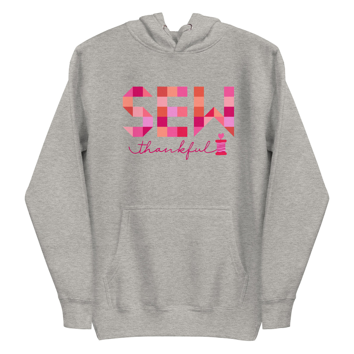 Sew Thankful patchwork lettering with a heart-topped thread spool on a pullover hoodie in athletic grey, front view – Kate Spain design for Pat Sloan