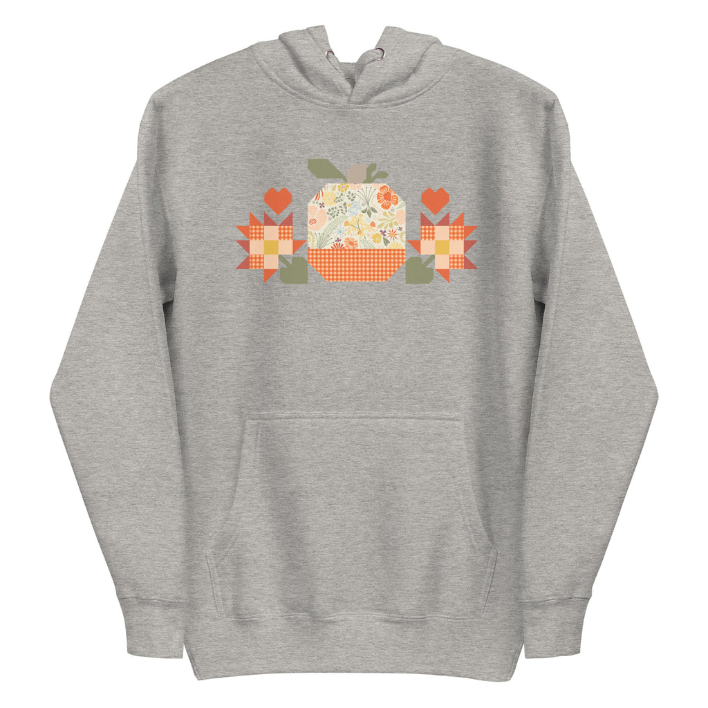 Falling for Fall patchwork pumpkin with quilt-block stars and hearts on a pullover hoodie in athletic grey, front view – Kate Spain design for Pat Sloan