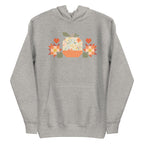 Falling for Fall patchwork pumpkin with quilt-block stars and hearts on a pullover hoodie in athletic grey, front view – Kate Spain design for Pat Sloan