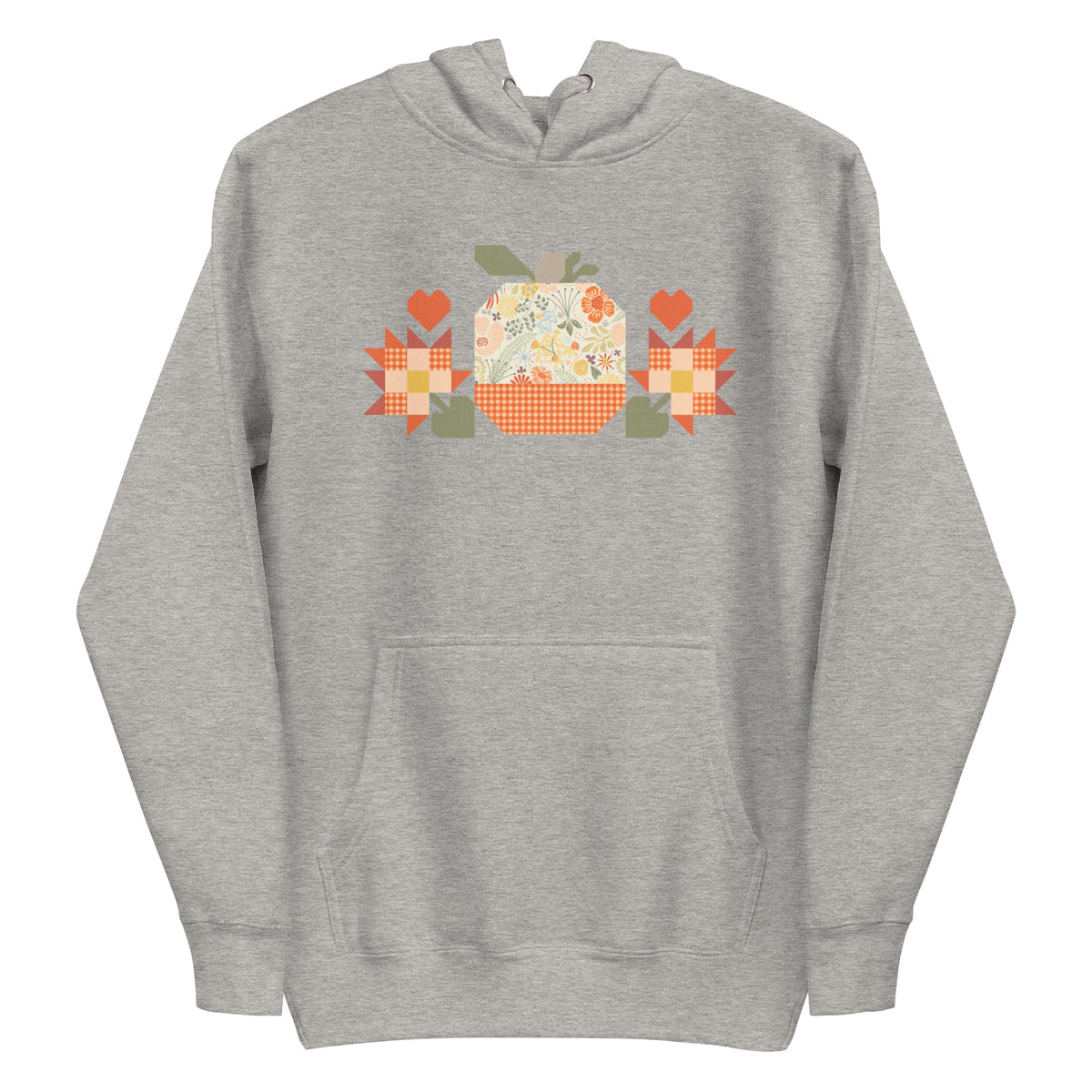 Falling for Fall patchwork pumpkin with quilt-block stars and hearts on a pullover hoodie in athletic grey, front view – Kate Spain design for Pat Sloan