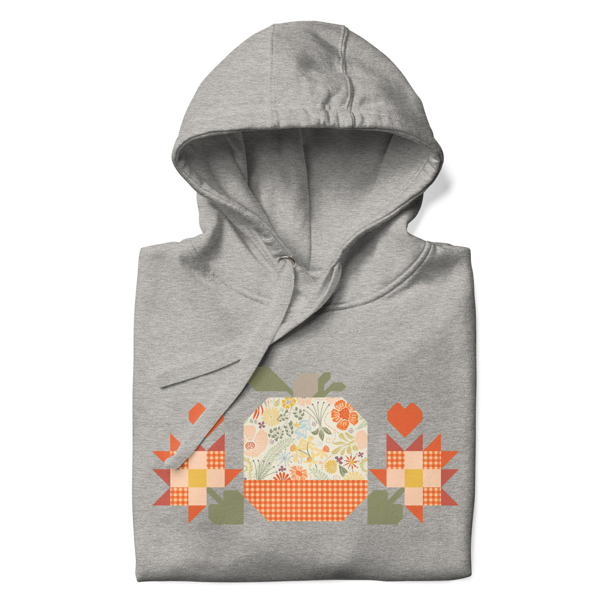 Falling for Fall patchwork pumpkin with quilt-block stars and hearts on a pullover hoodie in athletic grey, folded close-up of the design – Kate Spain design for Pat Sloan