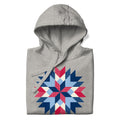 Barn Star quilt block in red, white and blue on a pullover hoodie in athletic grey, folded close-up of the design – Kate Spain design for Pat Sloan