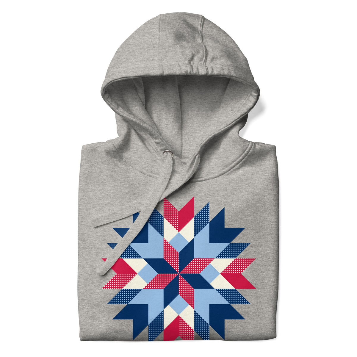 Barn Star quilt block in red, white and blue on a pullover hoodie in athletic grey, folded close-up of the design – Kate Spain design for Pat Sloan