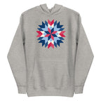 Barn Star quilt block in red, white and blue on a pullover hoodie in athletic grey, front view – Kate Spain design for Pat Sloan