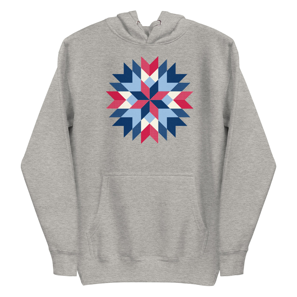 Barn Star quilt block in red, white and blue on a pullover hoodie in athletic grey, front view – Kate Spain design for Pat Sloan