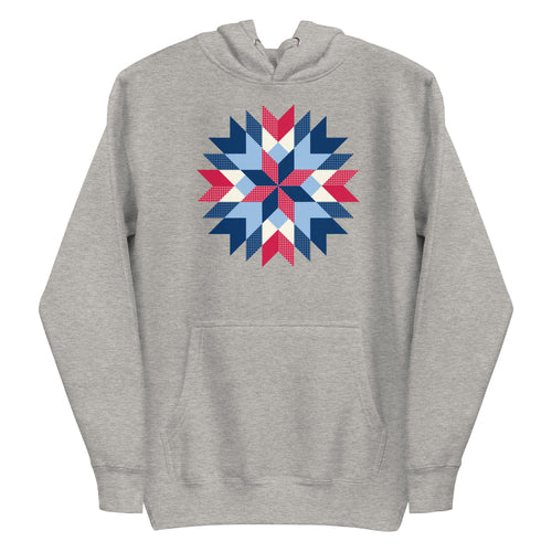 Barn Star quilt block in red, white and blue on a pullover hoodie in athletic grey, front view – Kate Spain design for Pat Sloan